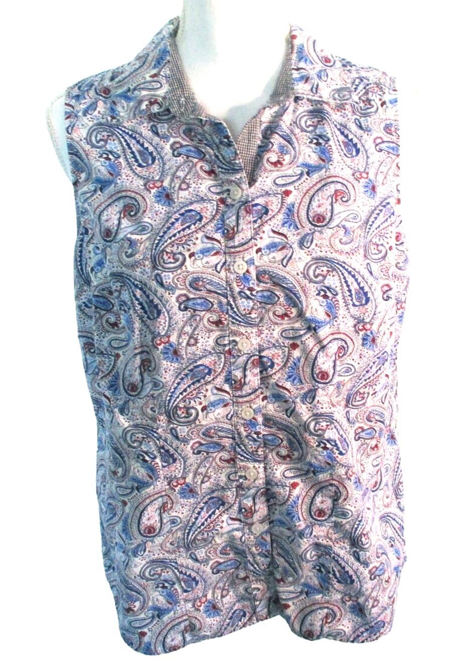 Croft & Barrow Women's Petite Sleeveless Paisley Print Blue Button Blouse MP